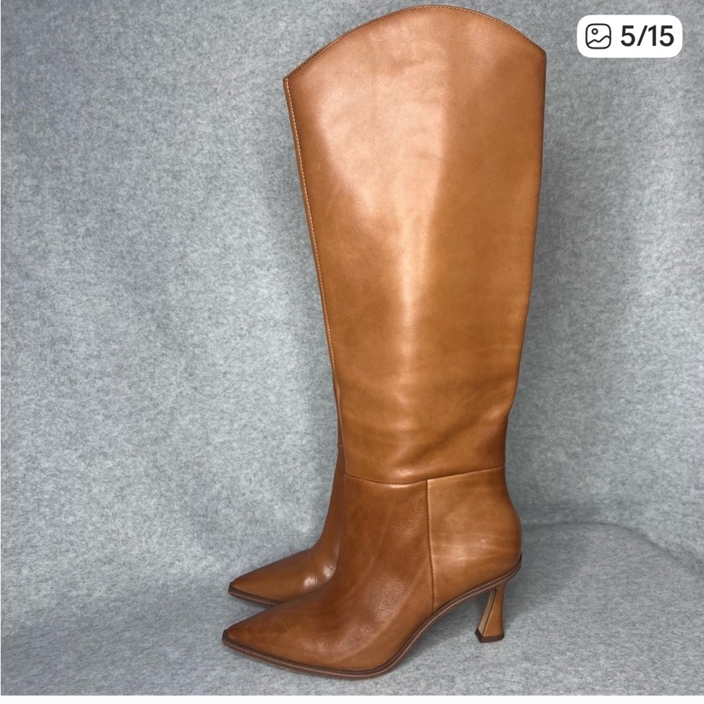 Vince Camuto X Emily Travis Knee High Wide Calf Leather Heeled Boots Sz 7 Tan